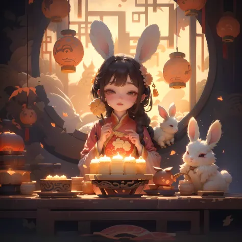 Mid - autumn festival, a lovely fairy, dressed in ancient chinese clothes, and a rabbit playing beside the girl, moon cakes, aus...