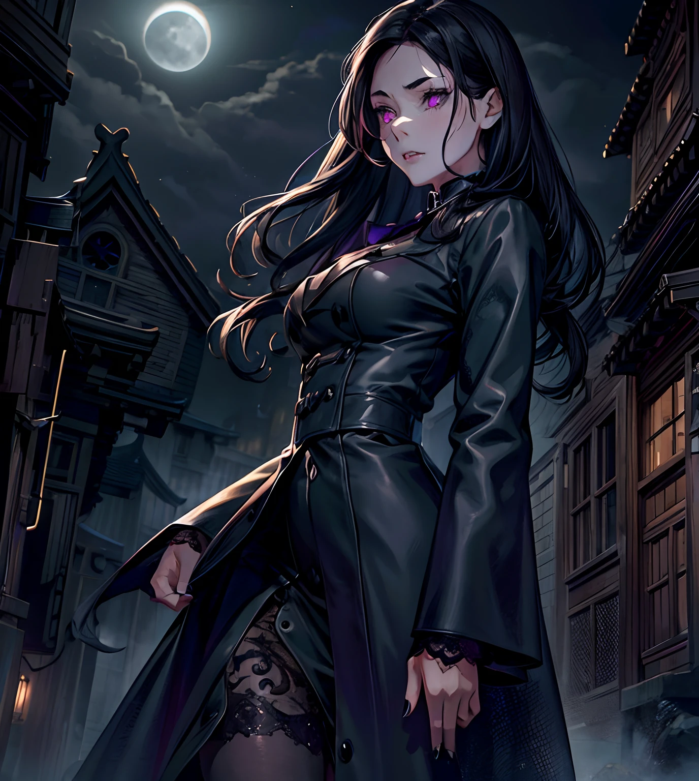 Photo realistic, Horror theme, underworld theme, dark element, realistic high quality masterpiece,1girl, (beautiful) Japanese female,sad face, detailed face, age 27, symmetrical eyes,symmetrical face,subtle vampire fangs, violet eyes, wavy long black hair, walking down dark, foggy, misty, moonlit alley,clouded quarter moon in sky in background, moonlit,with fog and shadows, spooky,nightime,cinematic lighting,dressed conservatively, wearing a deep purple lace top & double breasted coat black (buttoned up) closed coat black, medium length black skirt black., fix hands, detailed lips