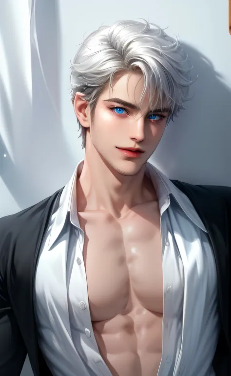 (masterpiece,best quality,ultra_detailed,highres,absurdres) (detailed shadow) (quality light),1 mature male, 20-ish, ((no chest hair)), male focus, solo, white hair (blue eyes), ((no beard)), simple background, upper body, looking at viewer, parted lips, r...