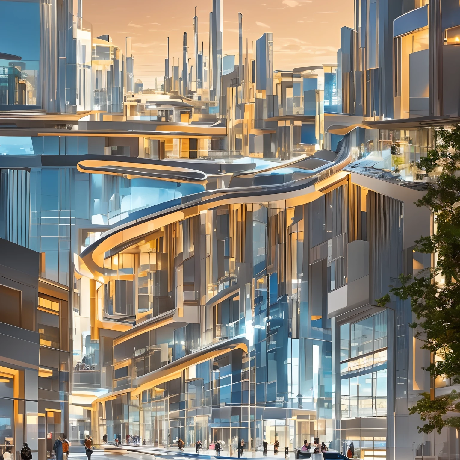 A futuristic and stunningly beautiful high-rise shopping center architectural structure with bold, futuristic design elements, blending seamlessly into the art form of digital illustration. Inspired by the works of Syd Mead. The scene showcases the center amidst a bustling city, its sleek lines contrasting with the urban environment. A warm color temperature adds vibrancy, highlighting the architectural details. Shoppers and visitors exhibit expressions of awe and excitement. Illuminated by soft, diffused lighting, the atmosphere exudes sophistication and promise of tomorrow
(masterpiece),(high quality), best quality, real,(realistic), super detailed, (full detail),(4k),8k,no humans, scenery, building, ((500-meter tall buildings)),outdoors, window, road, sky, street, lamppost, tree, power lines,,Organic modernist architecture, glass curtain walls, interesting shapes, super high-rise buildings in the block intricated detailed, very detailed --auto