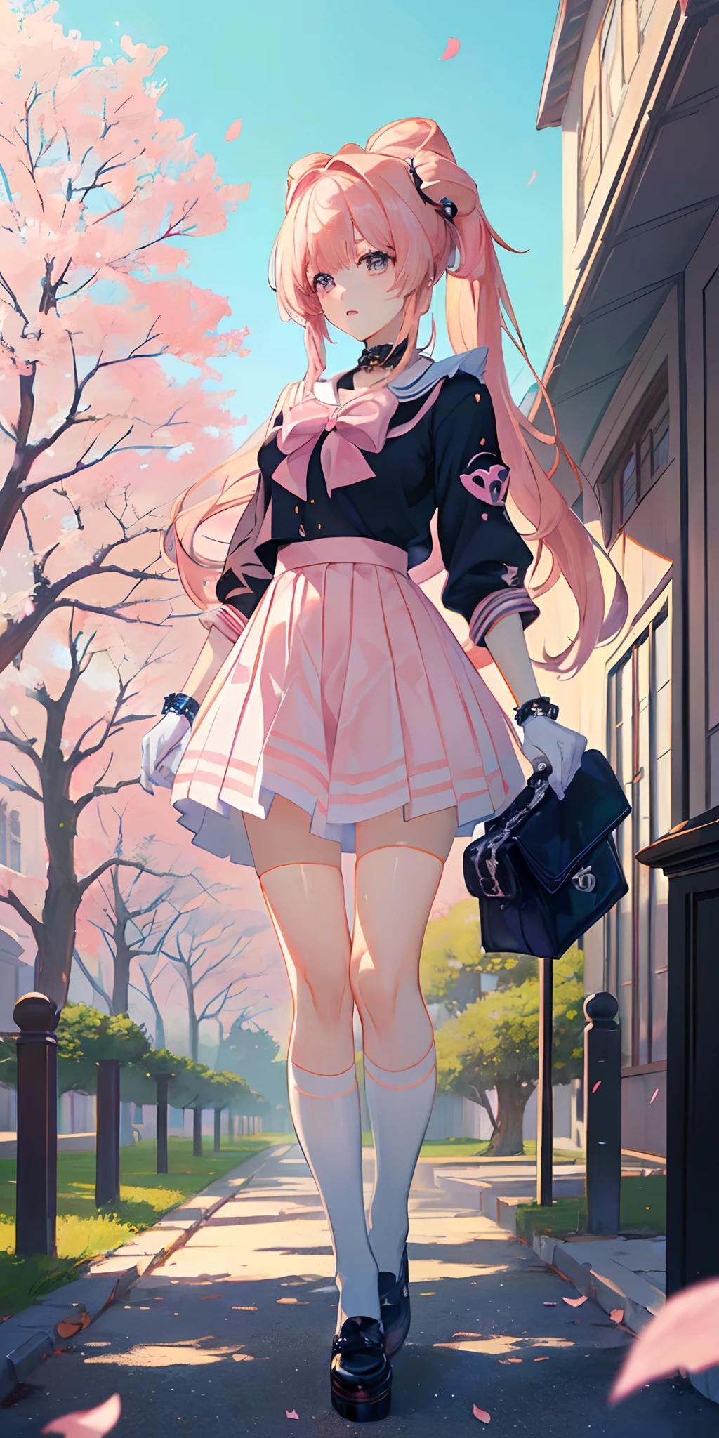 ((Anime-Stil)), ((beste Qualität)), ((Meisterwerk)), ((HDR+)), (beste Leistung), (Beste Beleuchtung), (ein College-Mädchen mit rosa Chanel-Haaren mit Pony), trägt ein , in einem [College-Straßenhintergrund auf einem Sakura-Baum, der Blütenblätter fallen lässt], [Wlop], [Takehino Inoue], [Oh! Großartig]