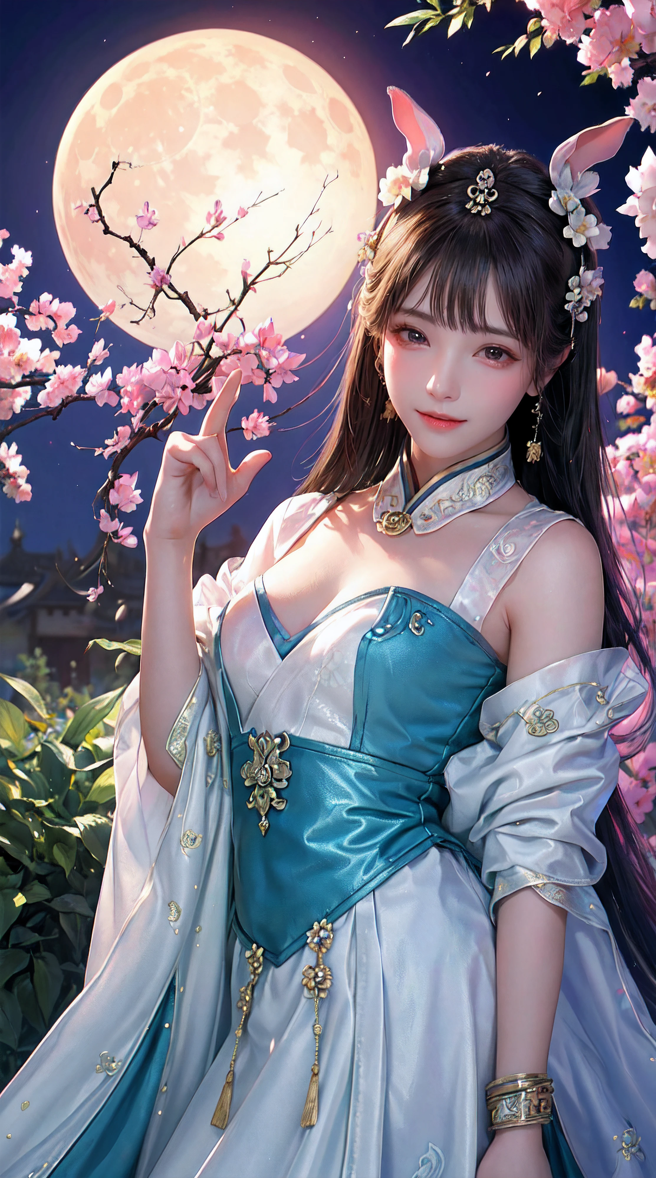 (庭にいる少女,月の宮殿,変化,月餅,ウサギ),最高品質,超詳細,現実的:1.37,図,伝統的な中国絵画,調和のとれた色彩,柔らかな照明