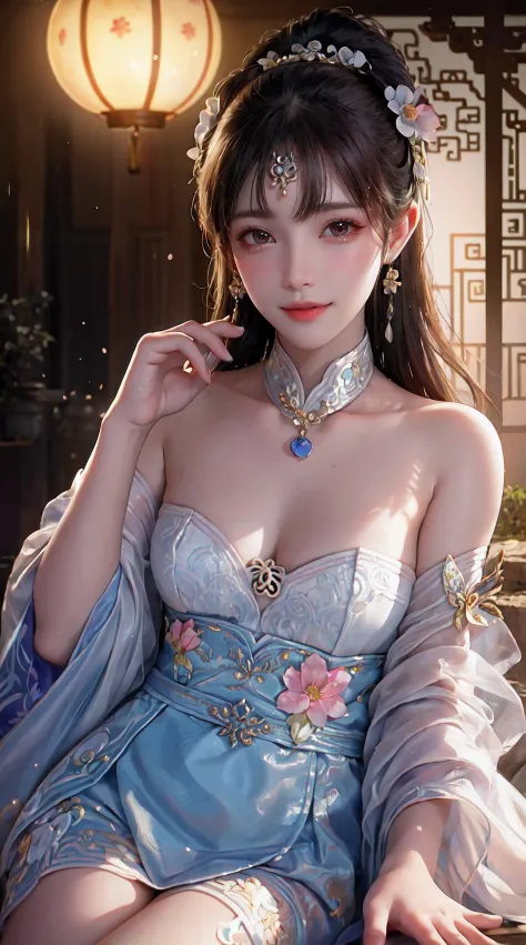 (a girl in a garden,moon palace,Chang'e,mooncakes,rabbits),best quality,ultra-detailed,realistic:1.37,illustration,traditional Chinese painting,harmonious colors,soft lighting