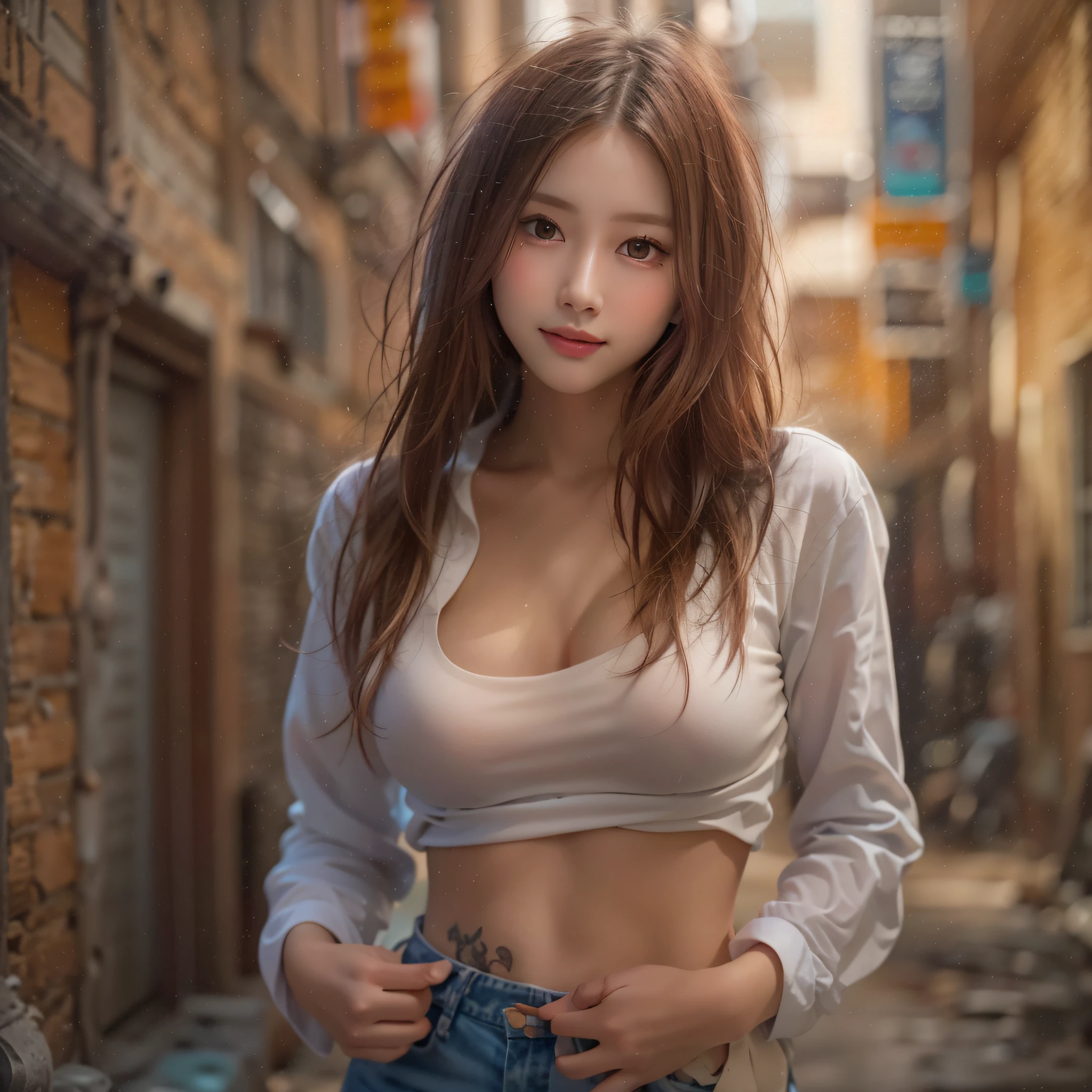 (masterpiece:1.2), (best quality:1.2), (extremely detailed:1.2), (extremely detailed face), (photorealistic:1.2), (ultra detailed), 1girl, closeup shot
upshirt, underboob, loose white shirt, short blue jeans, (sexy panty straps:0.5), (crouch tattoo)
slim and  body, medium , long hair, ([light orange | brown] hair), (full body:1.2), seductive pose, looking at viewer, (view from below:1.2), smiling, standing in the small alley,