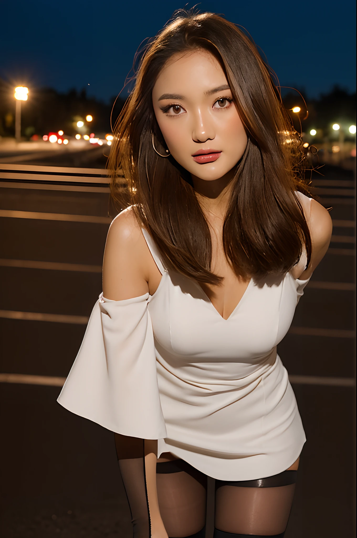 ((Realistic lighting, Best quality, 8K, Masterpiece: 1.3)), Clear focus: 1.2, 1girl, Perfect body beauty: 1.4, Slim abs: 1.1, ((dark brown hair)), (White dress: 1.4), (Outdoor, night: 1.1), City Street, Super Fine Face, Fine Eyes, Double Eyelids, (Over the knee black stockings: 1.5)