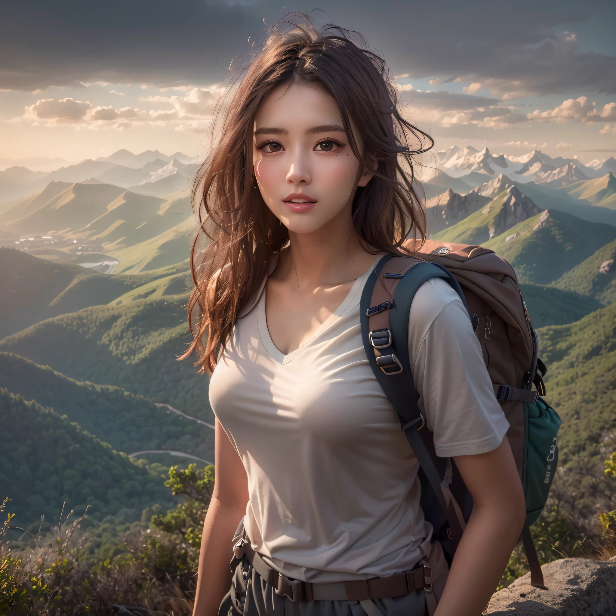 (Naturescape photography), (best quality), masterpiece:1.2, ultra high res, photorealistic:1.4, RAW photo, (Magnificent mountain, sea of clouds), (On a very high mountain peak), (sunset), (wideangle shot),  (Show cleavage:0.8),
(1girl), (Photo from the knee up:1.3), (18 years old), (smile:0.9), (shiny skin), (semi-long hair, dark brown hair), 
(Large white V-neck T-shirt, Trekking shorts), (Carrying a large backpack), 
(ultra detailed face), (ultra Beautiful fece), (ultra detailed eyes), (ultra detailed nose), (ultra detailed mouth), (ultra detailed arms), (ultra detailed body), pan focus, looking at the audience, (Show cleavage)
