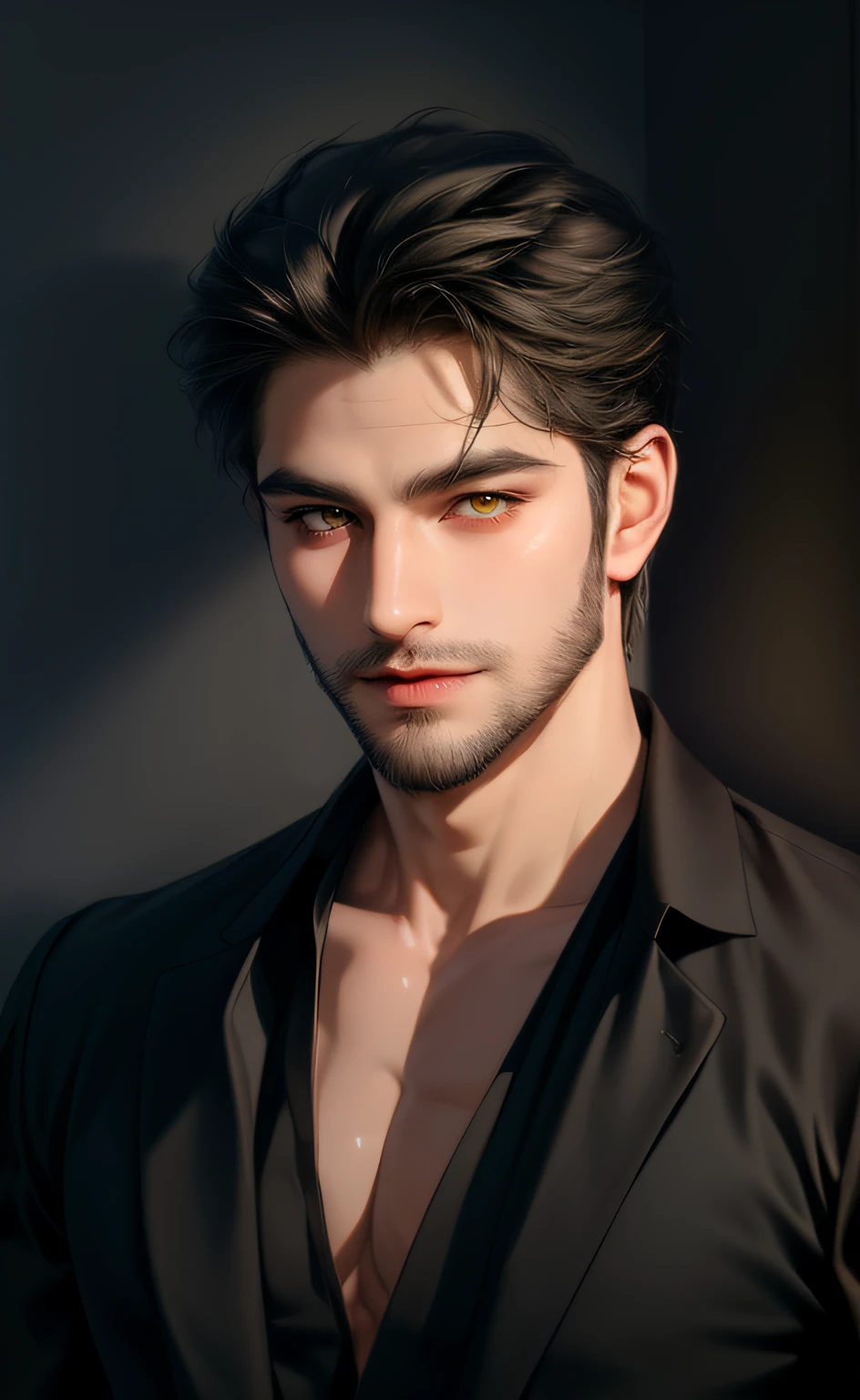 (masterpiece,best quality,ultra_detailed,highres,absurdres) (detailed shadow) (quality light),1 mature male, 35-ish, ((no chest hair)), male focus, solo, short black hair (yellow eyes), (soft beard), simple background, upper body, looking at viewer, parted lips, round eyewear, open black shirt, long sleeves, showing a bit of muscles, smirk smile face.