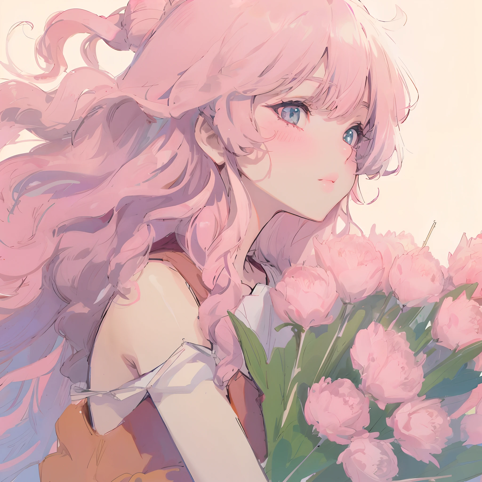 Anime girl with black hair holding a bouquet of pink flowers，Anime style portrait,