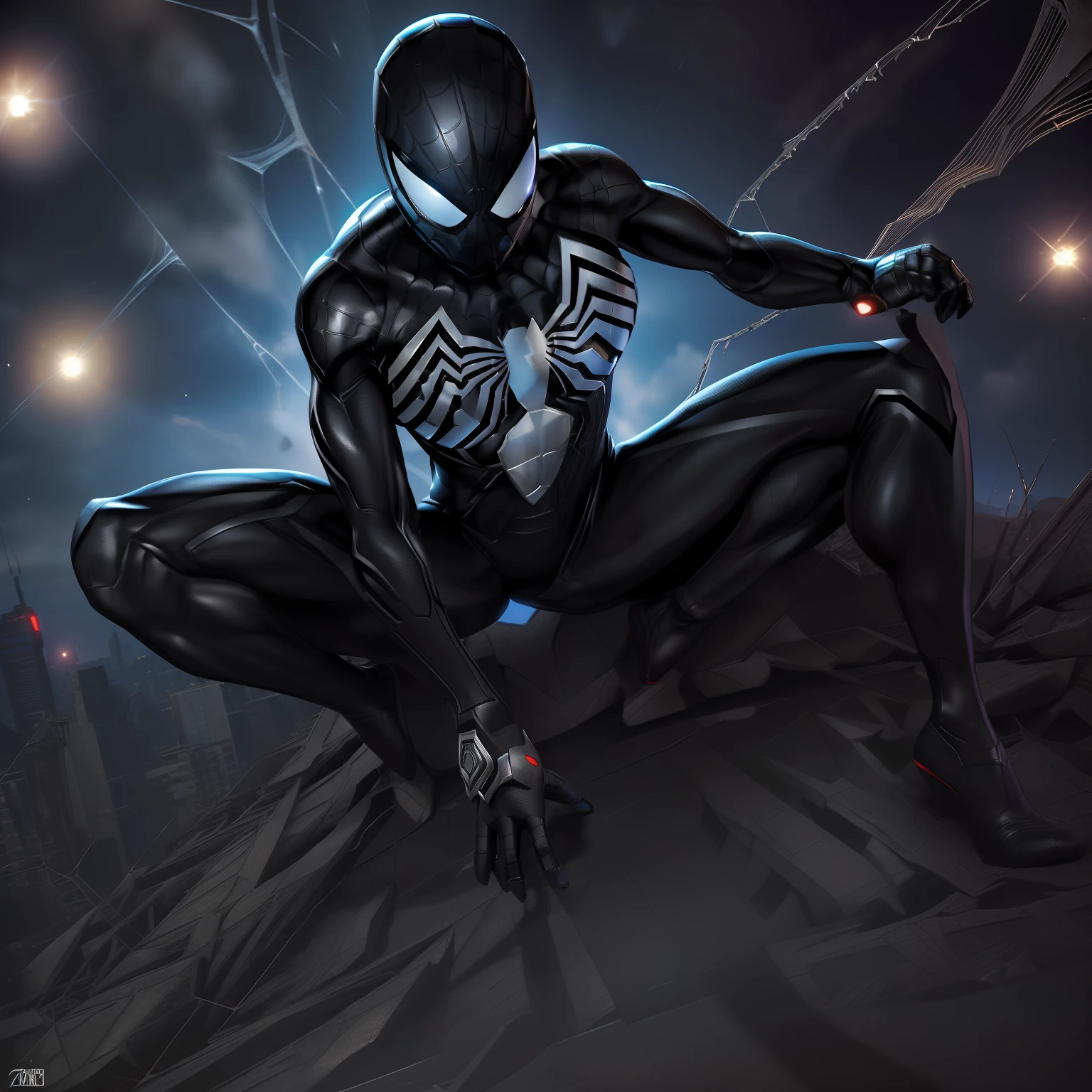 Spider - man in black suit sitting on a rock with his hands crossed -  SeaArt AI