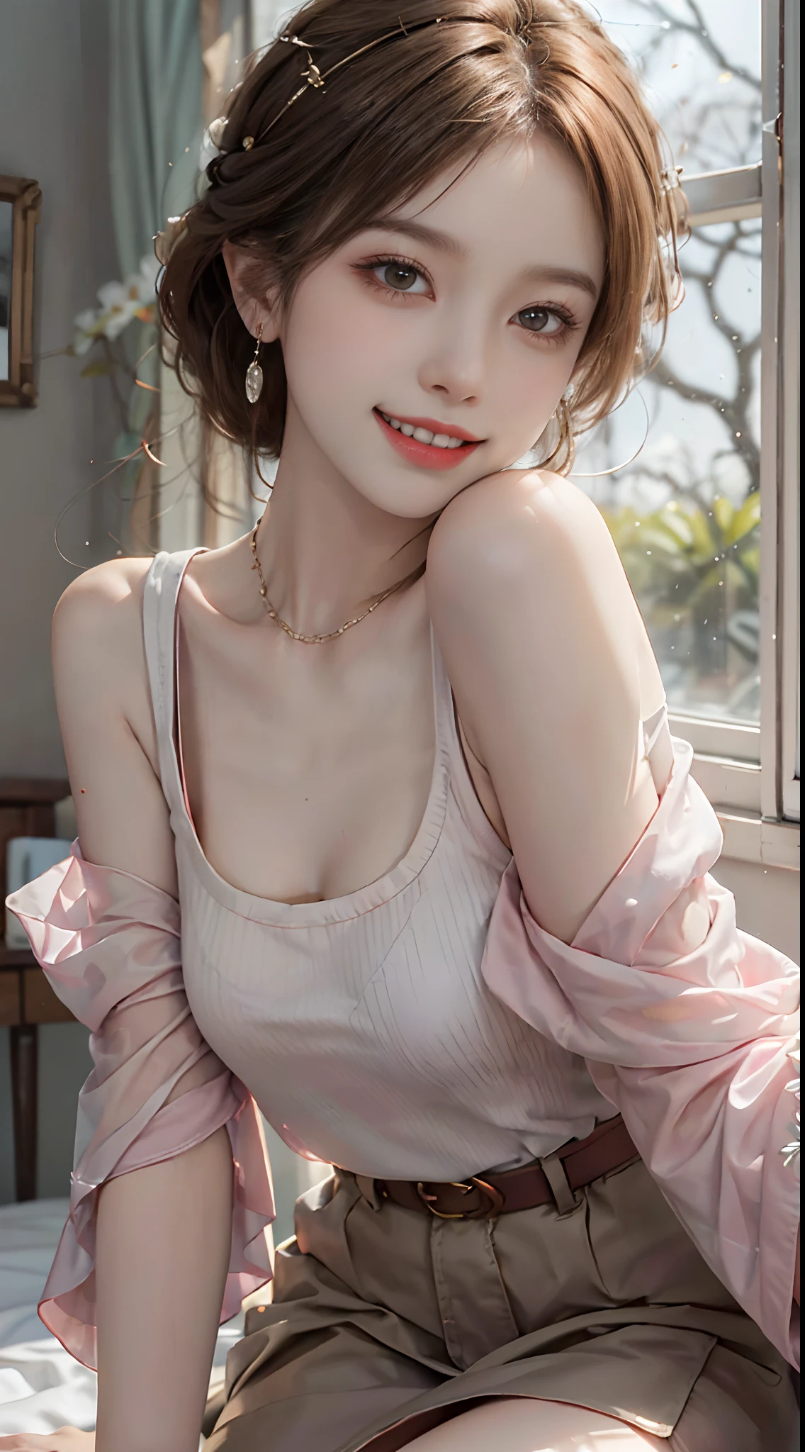 ((upper body)), ((from below)), ((realistic)), 1 Asian female model, A young girl, (Close up), (Being in the room, Sit Pose, Leaning against the dresser), Look out the window, Pleasing posture, Eye-catching poses, Detailed scenes, Coiled hair, Hairpins, Beautiful hair accessories, Brownish-yellow hair, light make-up, Blushlush, Gloss on lips, ((Light pink slip top, Tulle tunic, Leak one shoulder, high-waist, Nice belt)), ((warm lights, a warm color palette)), (Extremely high color saturation), Detailed details, ultra-detailliert, (tmasterpiece, best qualtiy), (An extremely delicate and beautiful work), Delicate earrings, Delicate necklace, Simple blurred background, Extreme detail description, Ultra-fine painting, Delicate face, slim toned body, Slimming the waist, (grin, happy grin, Baring teeth), (anatomy correct)