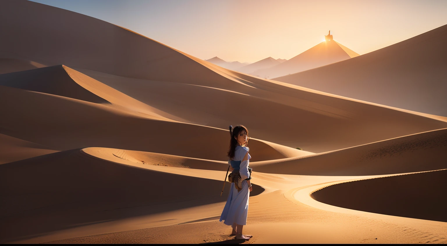 Faraway view, Myths and legends, Shiva, SunWukong, Titan, egyption, pyramid, A desert, Sand, Exquisite, 8K，tmasterpiece，intricate, elegant, highly detailed, majestic, digital photography, art by artgerm and ruan jia and greg rutkowski, (masterpiece, sidelighting, finely detailed beautiful eyes: 1.2), hdr, detailed background,