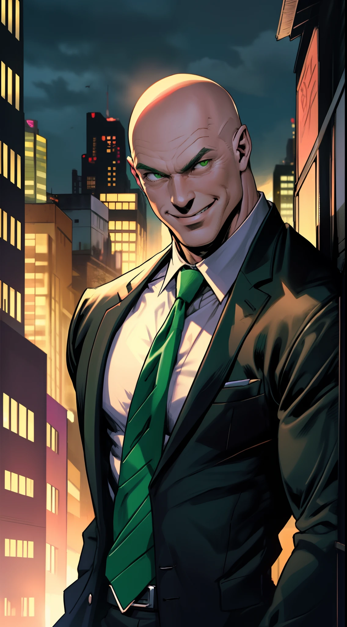 1 homme, seulement, Tir du haut du corps, Lex Luthor, un homme d&#39;âge moyen, tête chauve, musculaire maigre, épaule large, (Sourire démoniaque), tête chauve, pas de cheveux, porter un costume noir, cravate vert vif, chemise noire, ville en arrière-plan, crépuscule