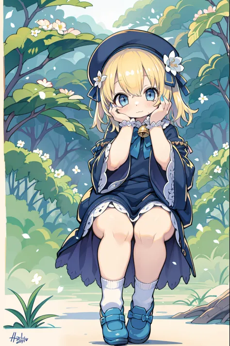 Uecla, 1girl in, Blonde hair, White background, hat, Dress, blue footwear, Wings, Simple background, signature, flower, nail polish, Wide sleeves, Long sleeves, blush, animal, white blossoms, Solo, Full body, Bird, Looking at Viewer, high-heels, hands on o...