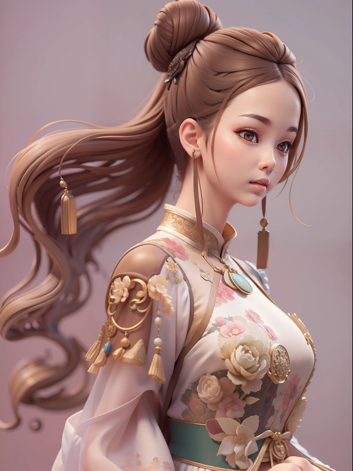 (Masterpiece, Best quality:1.2), 3 d desenho animado，1girll,Solo,Light brown hair, Chinese hair bun, Oriental antique，surrealism, Super detail, ccurate, Best quality, hyper HD, Masterpiece, Anatomically correct, A high resolution, 16k