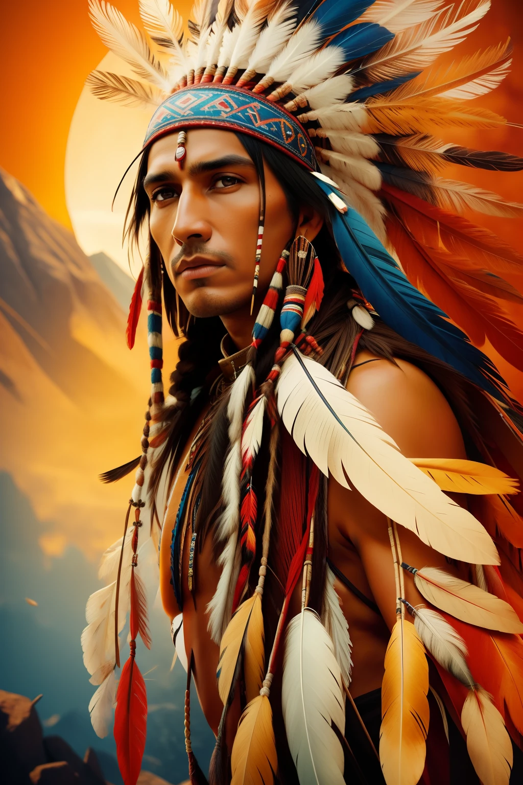 Hyperrealistic cinematic image of a native Indian with feathers on his head, native art americana, Indian warrior, native american, native american warrior, native art, a native american warrior, indigenous man, eagle feather, skilled warrior of the apache, warrior spirit, american indian headdress, indigenous art, : native american shamen fantasy, Indigenous, native american folk art, Arte indiana fotrrealisitic, fot, Masterpiece artwork, realisitic, 真实感, rendering, hight contrast, digital art photographyrealistic trend in Artstation 8k HD high definition detailed realistic,  detailded, texture skin, hiper detailded, textura de pele realisitic, armour, best qualityer, ultra high-resolution, (fotrrealisitic: 1.4), high resolution, detailded, Gross draft, sharp re, by lee jeffries Nikon D850 Film Stock Photography 4 Kodak Portra 400 F1 Lens.6 Rich Colors Realistic Texture Dramatic Texture Dramatic Lighting Irrealengine Trend on Artstation Cinestill 800