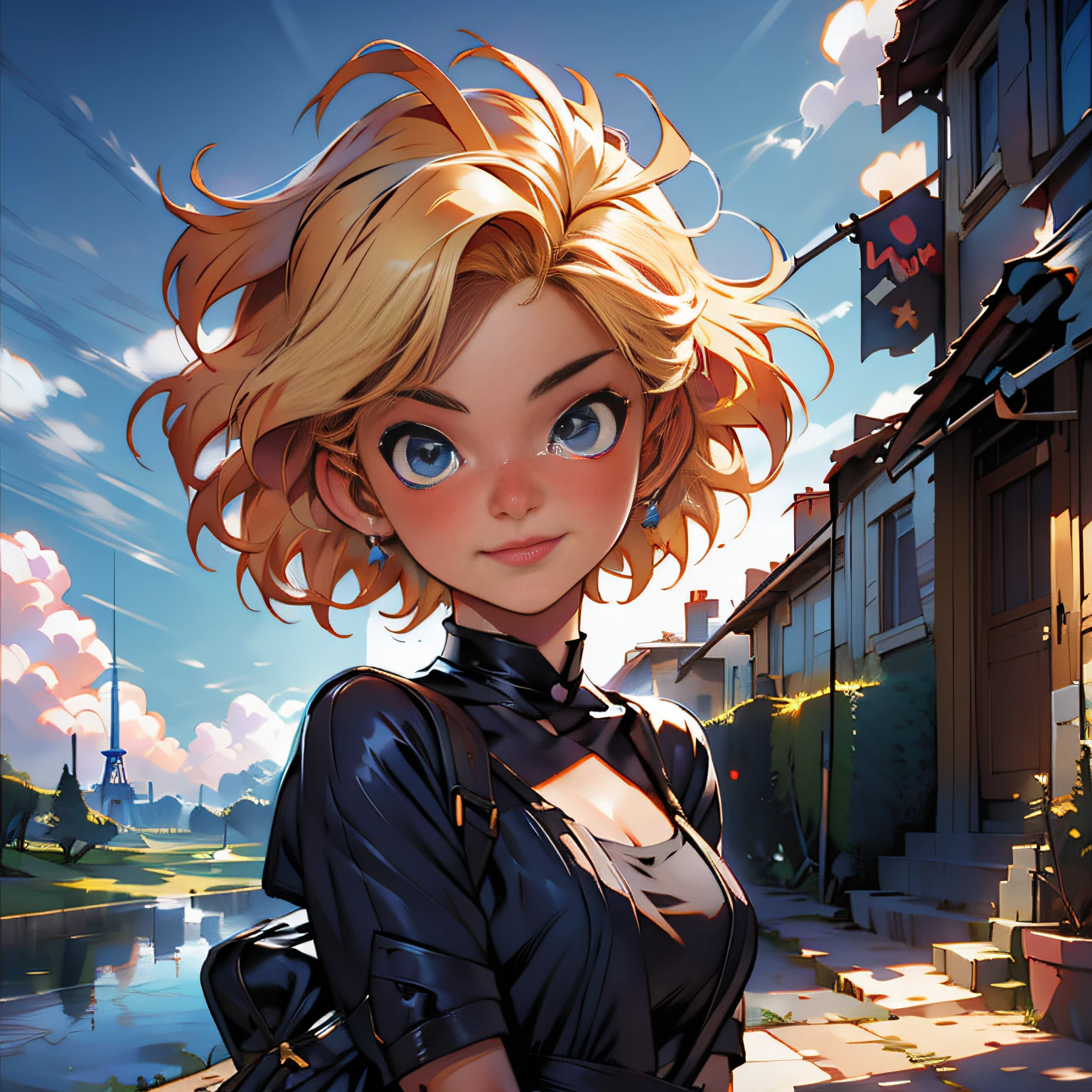 masterpiece, close up, digital paint, (Cute girl, 20 years old, blond short hair ), at the top of eiffel tower in paris by Jim Lee. 1990s \(style\),