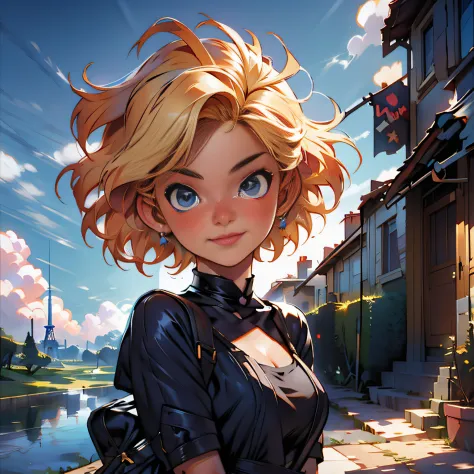 masterpiece, close up, digital paint, (cute girl, 20 years old, blond short hair ), at the top of eiffel tower in paris by jim l...