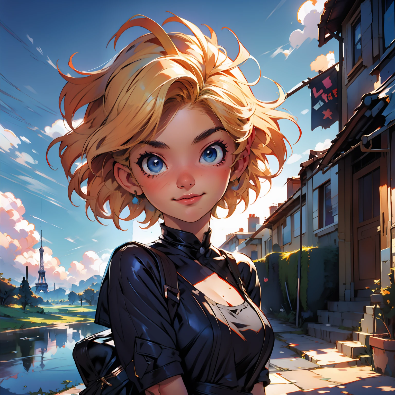 masterpiece, close up, digital paint, (Cute girl, 20 years old, blond short hair ), at the top of eiffel tower in paris by Jim Lee. 1990s \(style\),