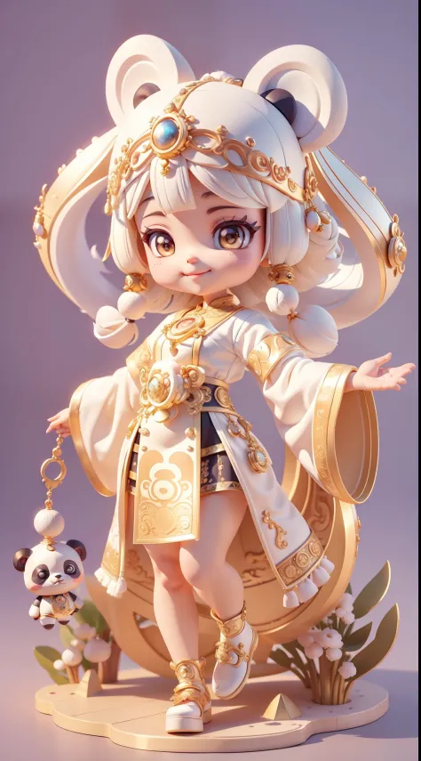 3D cartoon character，Super cute panda with big eyes, Dressed in white and gold ethnic style clothing, adorable expression, Charming smile, Super high detail, solid color backdrop, Exquisite, 3d effect, a blind box toy, Garage Kit, super high precision, Per...