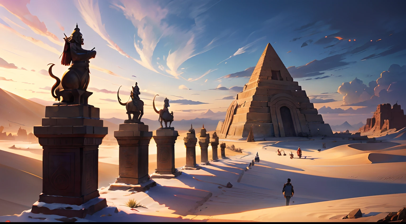 Faraway view, Myths and legends, Shiva, SunWukong, Titan, egyption, pyramid, A desert, Sand, Exquisite, 8K，tmasterpiece，intricate, elegant, highly detailed, majestic, digital photography, art by artgerm and ruan jia and greg rutkowski, (masterpiece, sidelighting, finely detailed beautiful eyes: 1.2), hdr, detailed background,