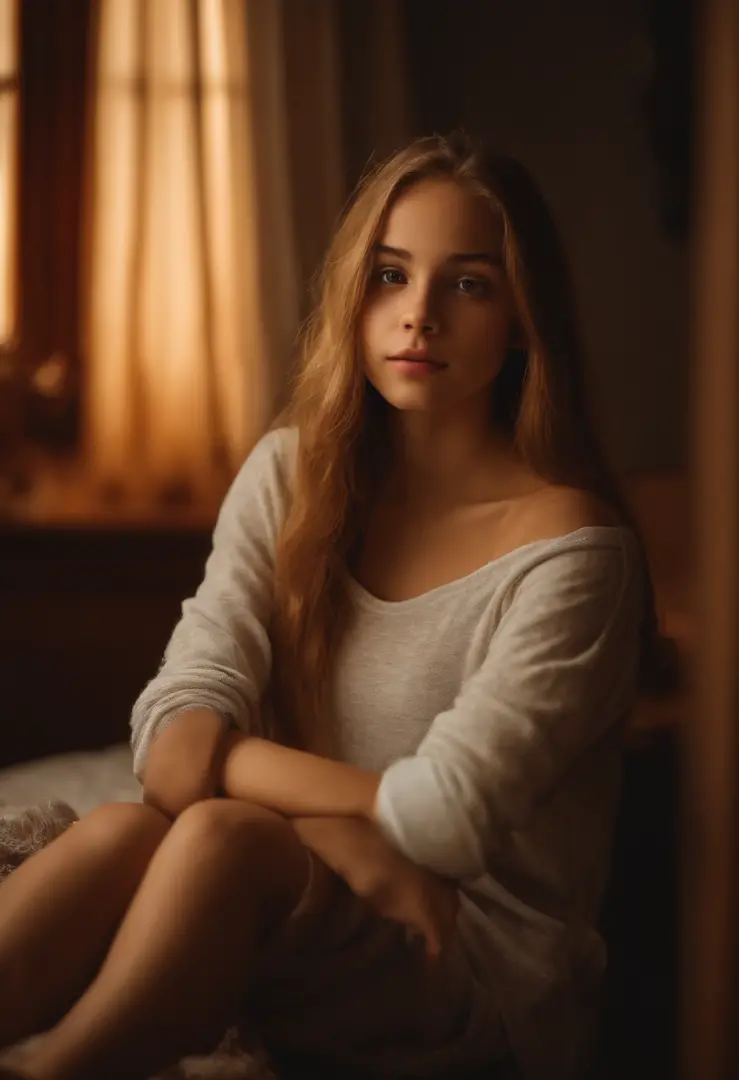 Portrait of a cute 15-year-old teenage girl with a perfect, beautiful face, russisch, in panties, im Bett nackt (dunkles privates Arbeitszimmer, dunkles, stimmungsvolles Licht: 1,2)