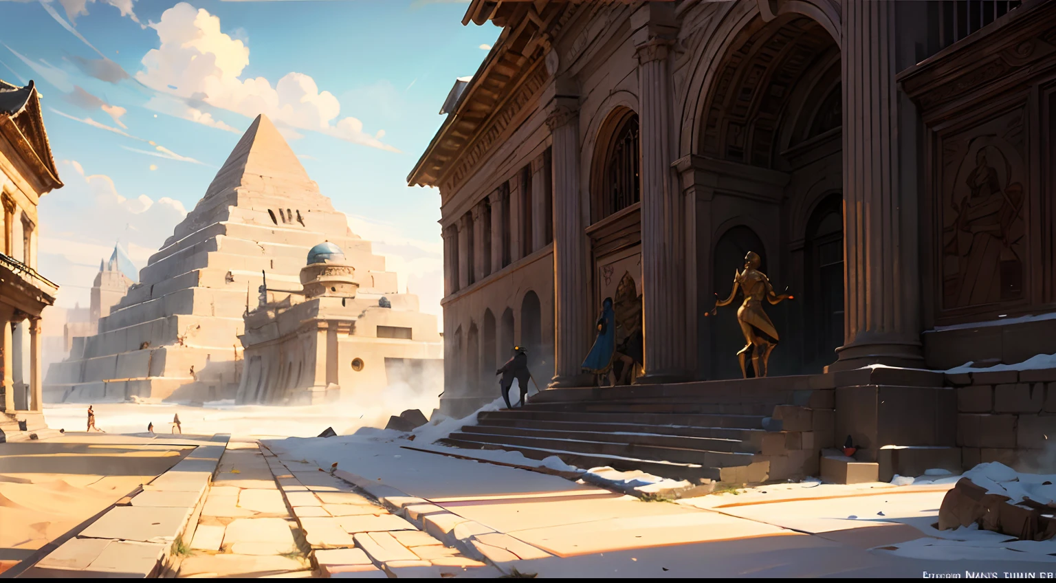 Faraway view, Myths and legends, Shiva, SunWukong, Titan, egyption, pyramid, A desert, Sand, Exquisite, 8K，tmasterpiece，intricate, elegant, highly detailed, majestic, digital photography, art by artgerm and ruan jia and greg rutkowski, (masterpiece, sidelighting, finely detailed beautiful eyes: 1.2), hdr, detailed background,