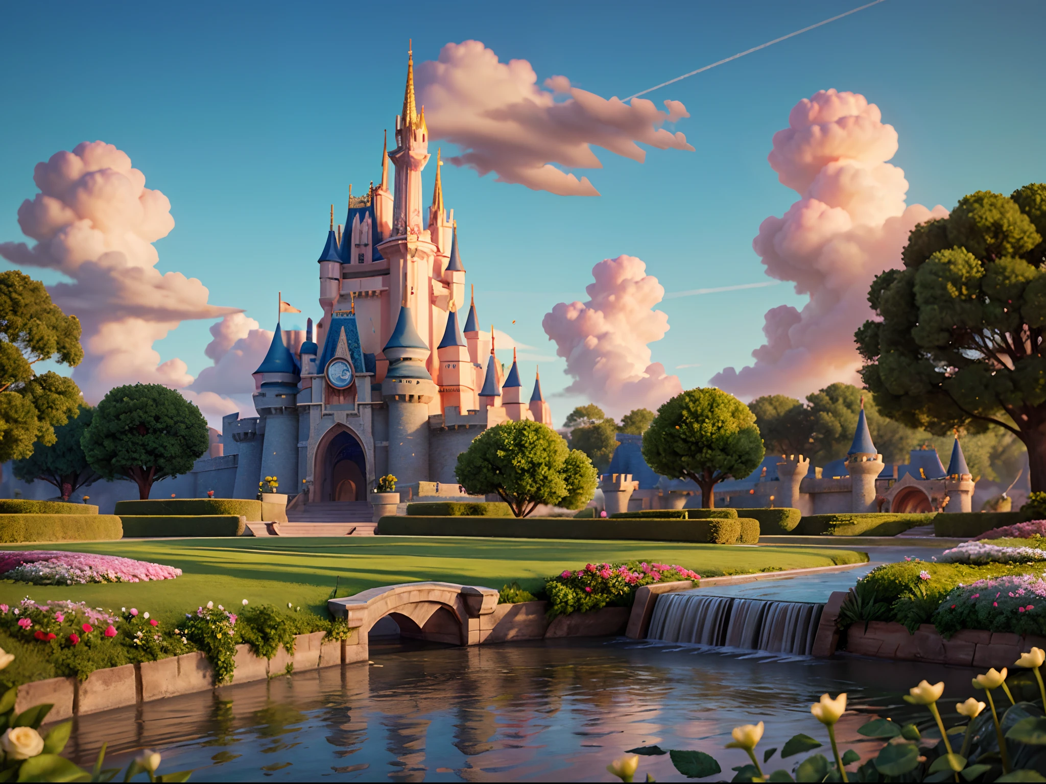 Peinture mate épique CG, grand angle de vue, nuages vert pâle, Château Disney, jardin plein de fleurs sur les nuages, quelques gouttes d&#39;eau tombant des nuages, une mer de roses vert pâle, Images HD, Moteur irréel, Tendance ArtStation 4k HD