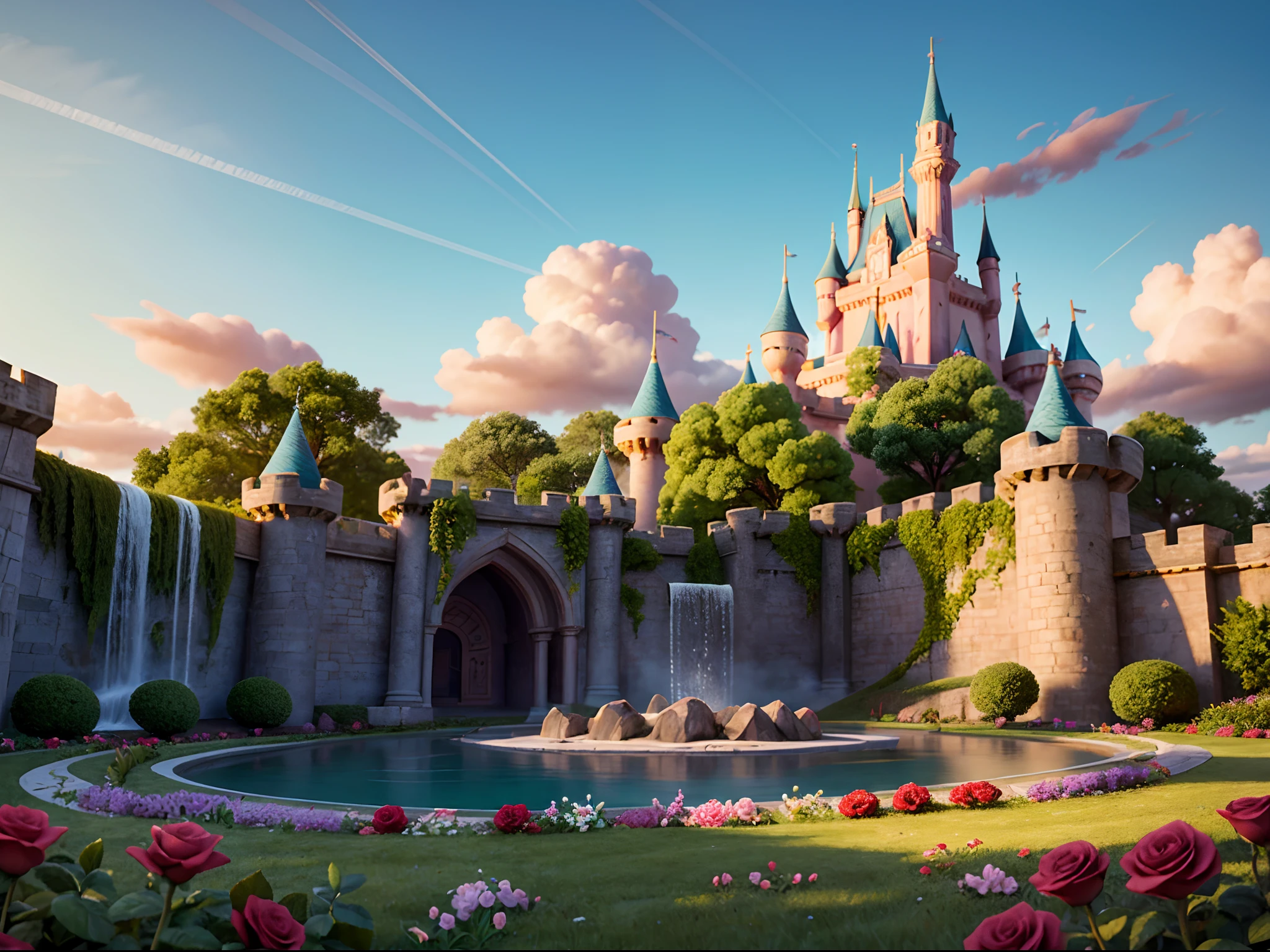 Epic CG matte painting, wide view, pale green clouds, Disney castle, garden full of flowers on the clouds, a few drops of water falling from the clouds, a sea of pale green roses, HD images, Unreal Engine, ArtStation 4k HD trend