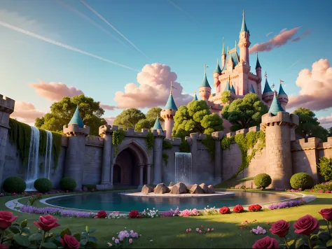 Epic CG matte painting, wide view, pale green clouds, Disney castle, garden full of flowers on the clouds, a few drops of water ...