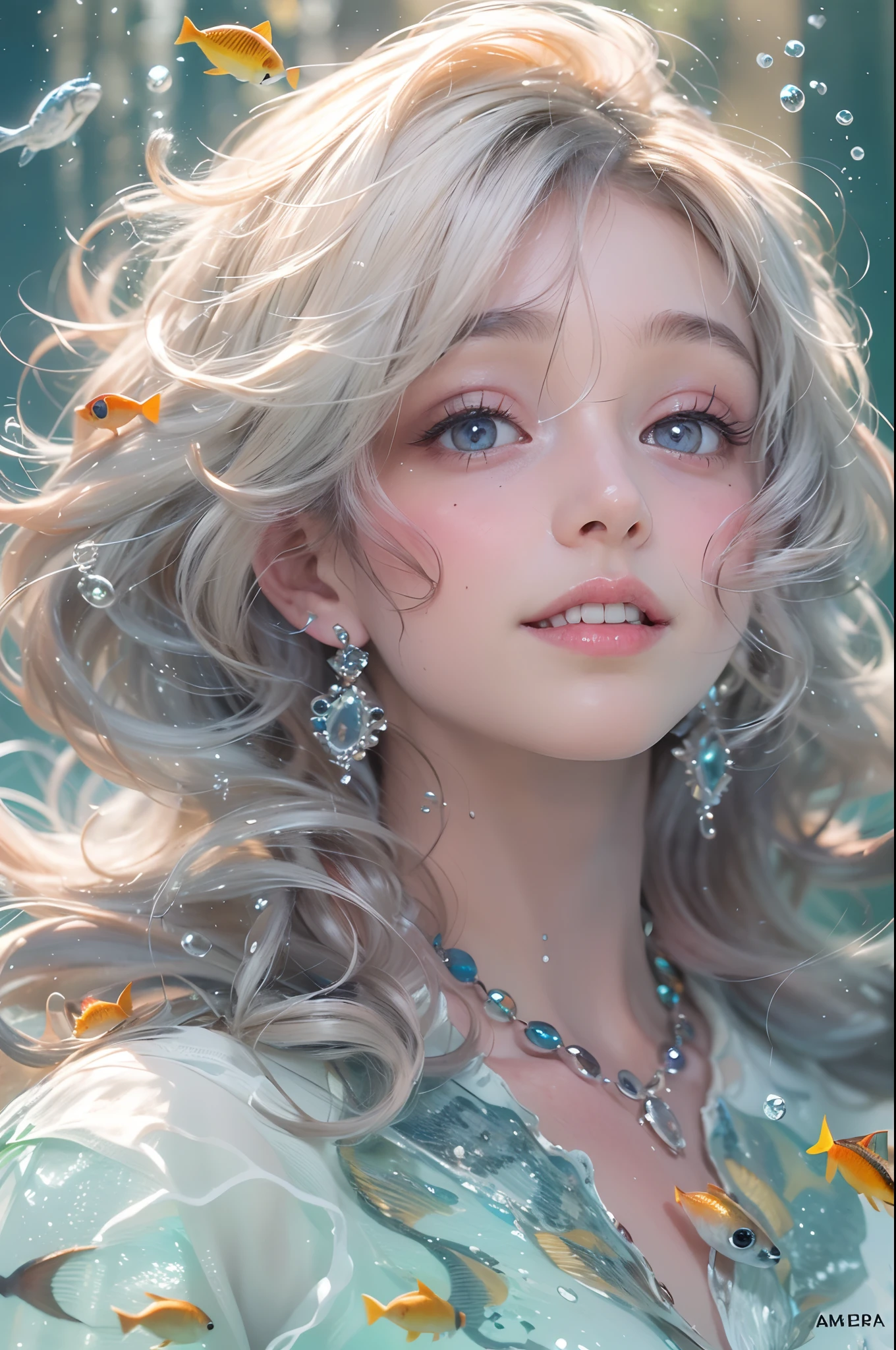 （Highest quality authentic textured skin),(abyssal),(Fine, Round, Symmetrical eyes),Delicate facial features,(Burning bright and cold eyes),(She has a mischievous smile on her face),(Her face is gentle and beautiful),Glass earrings on the ears,,(Blonde hair),(silvery white hair),(Maroon hair),(Swim at the bottom of the sea)，(Full body portrait:1.5),(Dramatic photo:1.4),(dramatic pose),(flamboyant photo)(facing up),(Looking down),(Around her neck hangs a simple necklace of exquisite craftsmanship),A messy painting，(Hair flows in water:1.5),(Underwater, Marine life, Beautiful coral reef, Fish),(Vortices and tidal currents in the background),(Dramaticlight),(Magnificent scene),(Surrounded by beautiful fish),In the distant background is a temple submerged in a coral reef,the reef,Epic realism,Cinematic feeling,(high-density imaging review:1.5),(Soft color:1.2),Ultra detailed,Dramaticlight,(intricately details:1.1),the complex background,