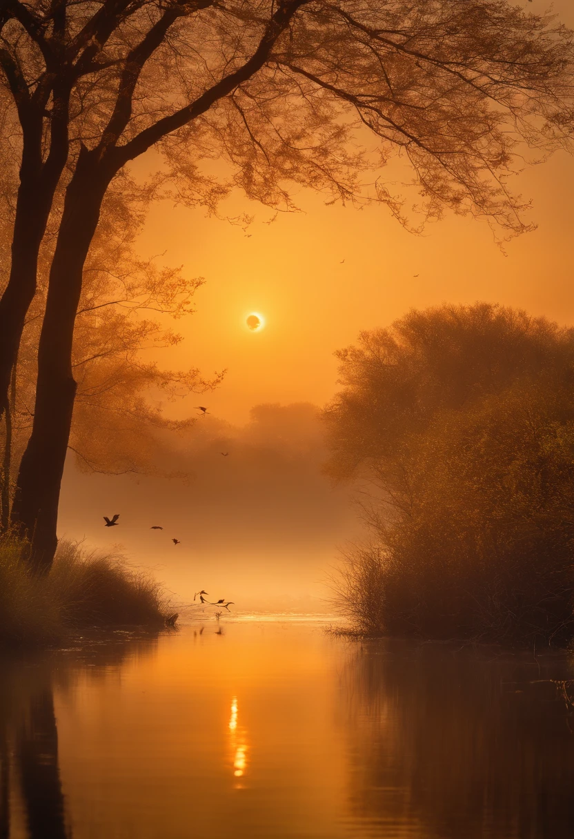 Peaceful scenery at dawn, Soft gold tones depict the horizon where birds sing, Image in 2560 x 1440 pixel format