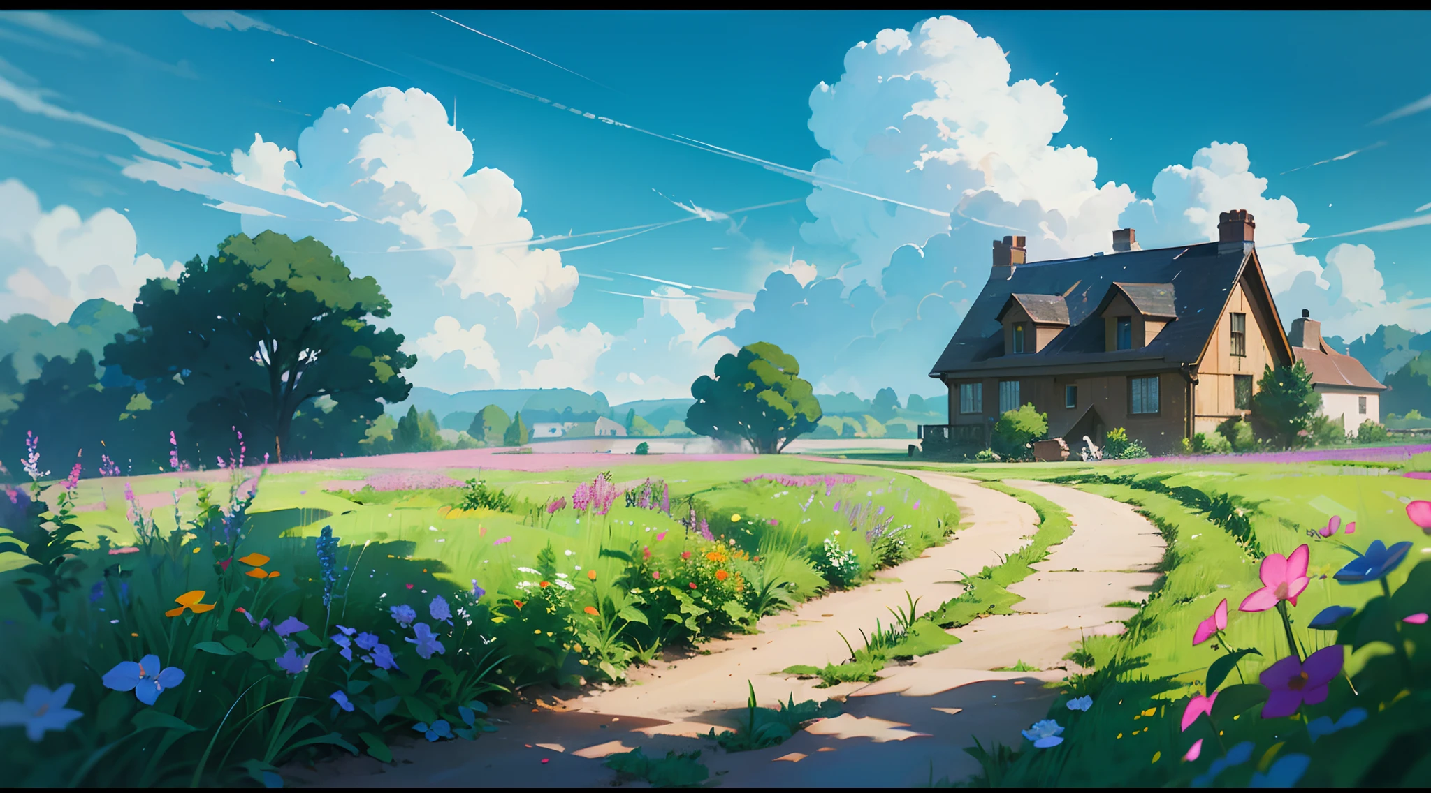 A lot of country cottages, summer, meadows, small flowers, countryside is rushing, there are many kittens on the road, heaven, big clouds, blue sky, hot weather, HD detail, hyper-detail, cinematic, surrealism, soft light, deep field focus bokeh, ray tracing, surrealism. --v6