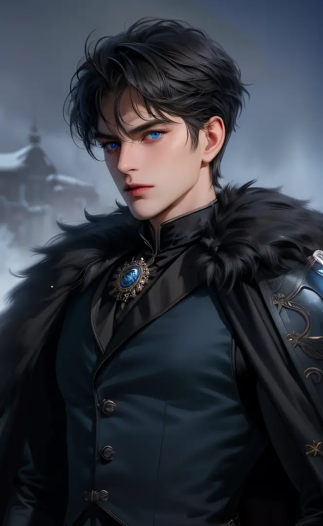 (masterpiece,best quality,ultra_detailed,highres,absurdres) (detailed shadow) (quality light),1 (mature) male, 30-ish, ((wide shoulder)) (muscles), male focus, solo, short black Quiff hair with Soft Fringe (bangs part on side 3:7 ratio), blue eyes (detaile...
