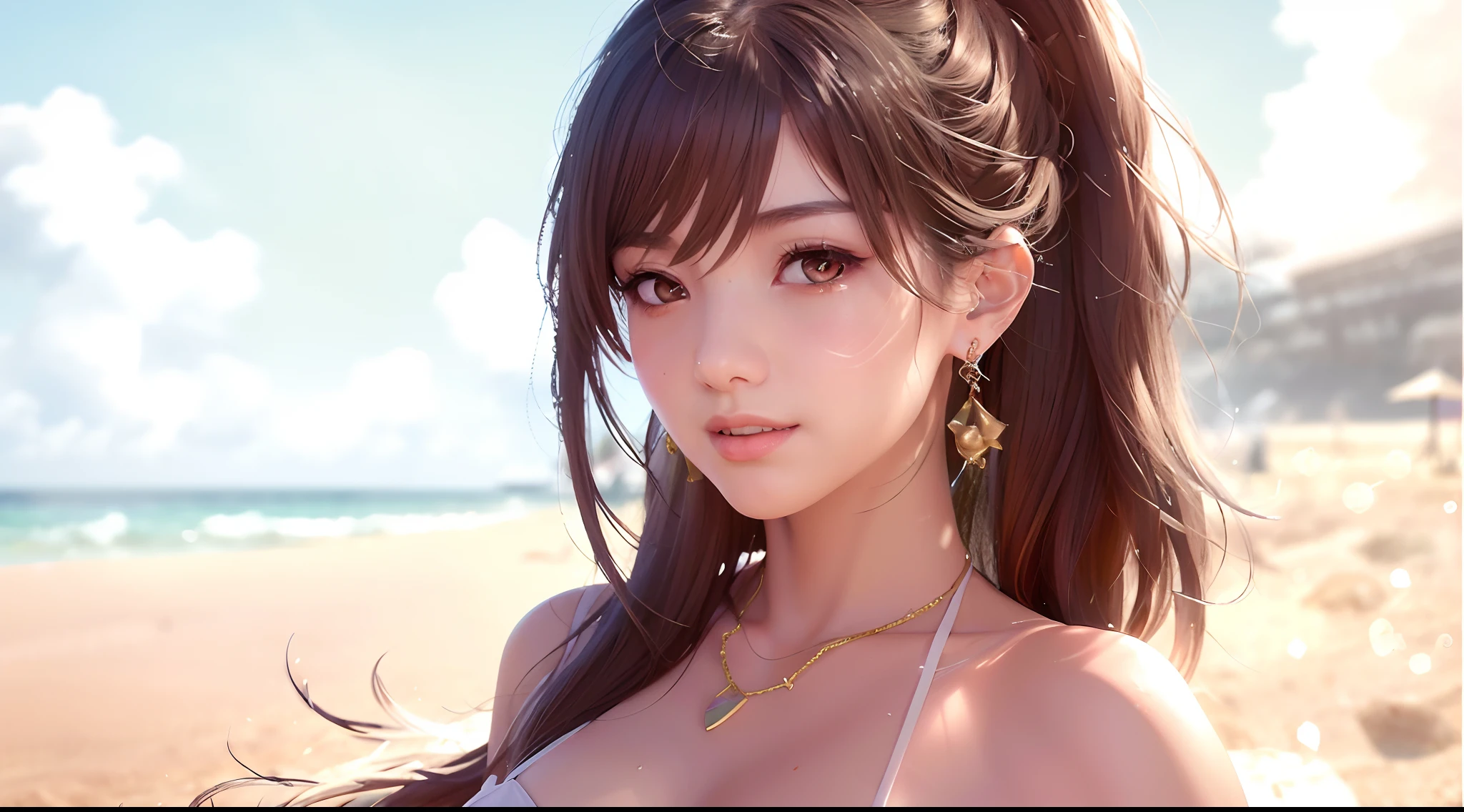 Ibiza Beach, sand, waves, 20 years old woman, Ultra-high clarity, Sharpness, Woman in white bikini posing on the beach, gorgeous chinese models, beautiful asian girl, 8k artgerm bokeh, trending in CGSTATION, Enchanting Portrait of Tifa Lockhart, ig model | artgerm, yanjun chengt, Ruan Jia(Ruan Jia)and Art Manure(Artgerm), soft portrait shot 8 k, japanese goddess, realistic anime