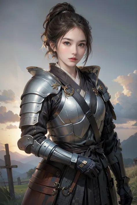 ((top-quality)), ((​masterpiece)), (high-detail:1.3)、1girl in、Mascatia、armor、samurais、perfectly proportions、Medieval armor、Black...