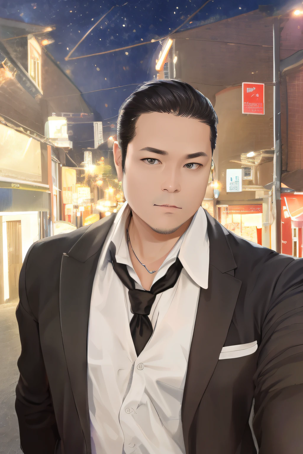 (absurdres, highres, ultra detailed, realistic, ), 1 male, solo, adult, mature, tall muscular guy, broad shoulders, handsome, very short hair, black hair, brown eyes, angular jaw, thick neck, thick eyebrows, night, dark, the night view of the city background, formal suit, necktie, upper body