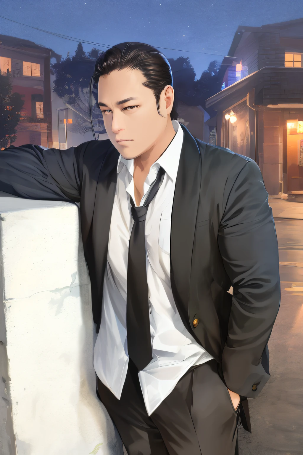 (absurdres, highres, ultra detailed, realistic, ), 1 male, solo, adult, mature, tall muscular guy, broad shoulders, handsome, very short hair, black hair, brown eyes, angular jaw, thick neck, thick eyebrows, night, dark, the night view of the city background, formal suit, necktie, upper body