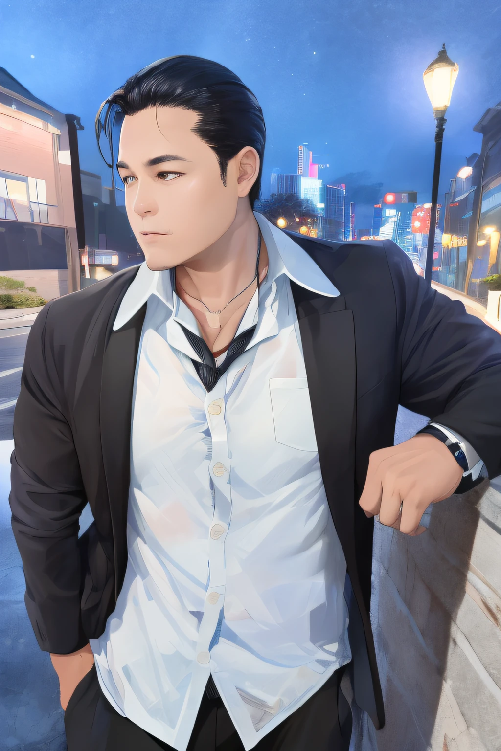 (absurdres, highres, ultra detailed, realistic, ), 1 male, solo, adult, mature, tall muscular guy, broad shoulders, handsome, very short hair, black hair, brown eyes, angular jaw, thick neck, thick eyebrows, night, dark, the night view of the city background, formal suit, necktie, upper body