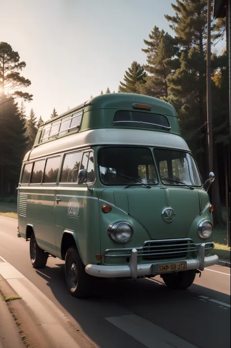 a retro vintage old WW Kombi Campervan; military matte green color; fast running 200km/h vintage 50's with roof rack on top of car carrying suitcases; with scrub beside; running on a large road; beside old wooden houses; trees; gray white and orange clouds...