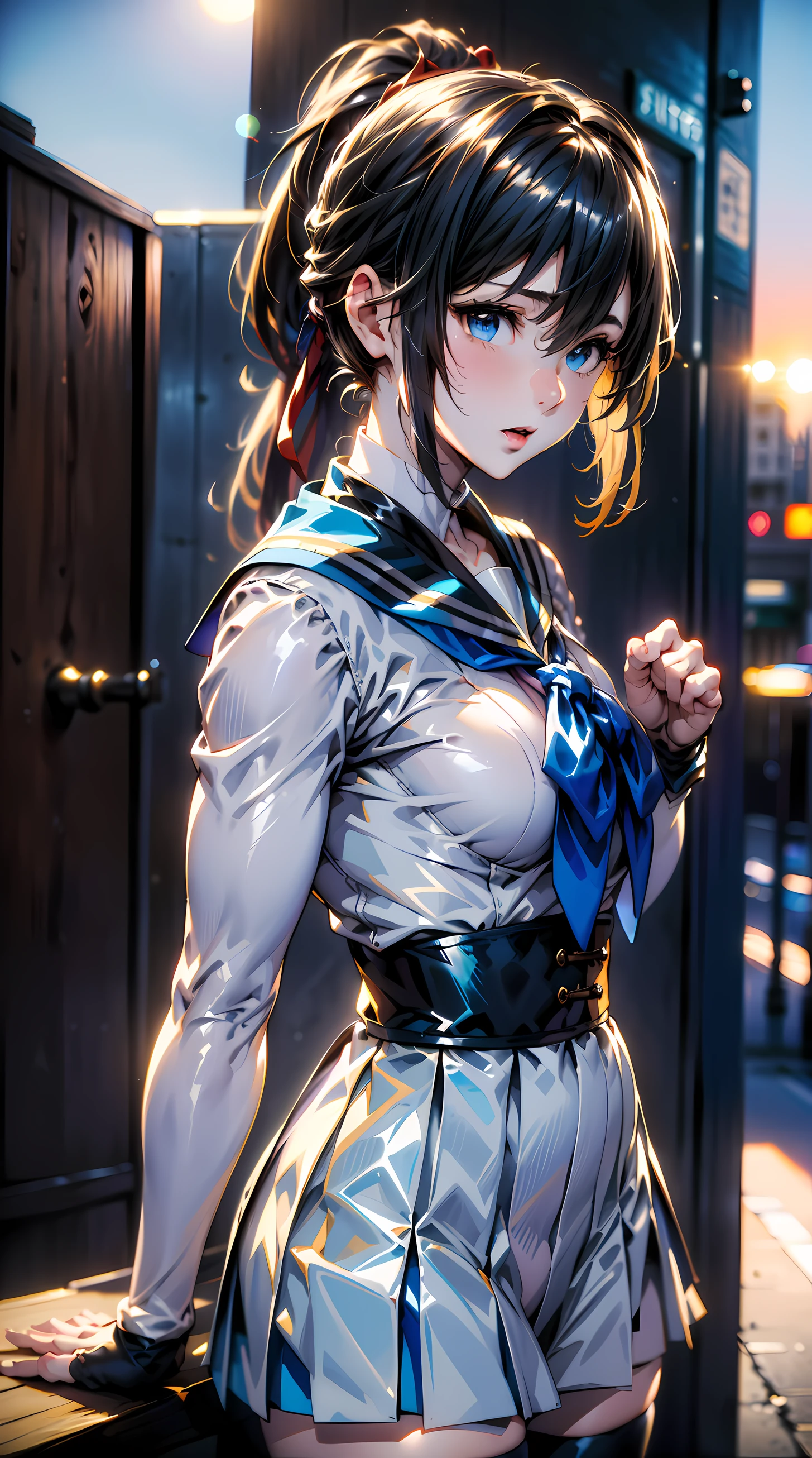 3d animation, (1girl:1.3, solo), (japanese school girl), (upper body:1.3), (at telephone box under Full-Moon:1.2), (random fighting posing:1.3), highly detailed eyes and pupils, realistic skin, ((attractive body, small breast:1.38, thin waist:1.15)), medium-length thin hair, ((bobbles ponytail:1.3), (shiny-black hair:1.3), extremely detailed hair, delicate sexy face, sensual gaze, shiny lips, BREAK, (white leotard:1.3), (magical girl costume:1.2), (blue Sailor collar:1.3), (red ribbon:1.4), (blue pleated skirt:1.3), (micro-skirt:1.3), (no_sleeve:1.2), (long_glove:1.2), (white thighhighs:1.2),(long_boots:1.2), detailed clothes, BREAK, (outdoor:1.2), (blurry background:1.25, simple background, detailed background), (under sunset:1.37), BREAK, ((realistic, super realistic, realism, realistic detail)), perfect anatomy, perfect proportion, hyper sharp image, (serious emotion), ((4fingers and thumb:1.2)), perfect human hands, wind, BREAK, (Masterpiece, best quality, photorealistic, highres, photography, :1.3), ultra-detailed, sharp focus, professional photo, commercial photo, shadows, contrast, clear blue sky, constellations, peaceful, serene, quiet, tranquil, remote, secluded, adventurous, exploration, escape, independence, survival, resourcefulness, challenge, perseverance, stamina, endurance, observation, intuition, adaptability, creativity, imagination, artistry, inspiration, beauty, awe, wonder, gratitude, appreciation, relaxation, enjoyment, rejuvenation, mindfulness, awareness, connection, harmony, balance, texture, detail, realism, depth, perspective, composition, color, light, shadow, reflection, refraction, tone, contrast, foreground, middle ground, background, naturalistic, figurative, representational, impressionistic, expressionistic, abstract, innovative, experimental, unique