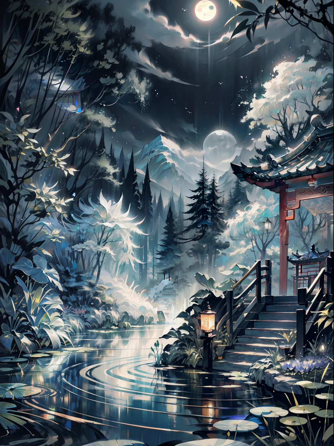 masterpiece,best quality,Chinese martial arts style,an asian night scene with lanterns and water lilies,asian pond with many lanterns and boatsa night scene with many lights and boats in the water, Lake surface, lotus flowers,beautiful night scene,(((Chinese martial arts style))), with vast sky, continuous mountains and steep cliffs, ink wash style, outline light, atmospheric atmosphere, depth of field, mist rising, bamboo, pine trees, octagonal stone pavilion, waterfall flowing water,big full moon,(No color) , Monochrome, light color,Dispersion, rainbow,