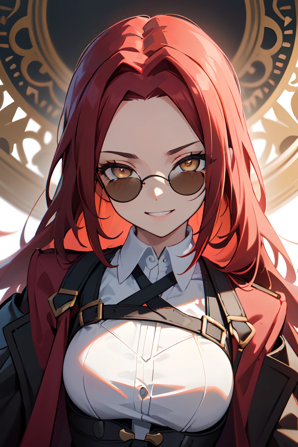 1girl, young woman, solo, long hair, big hair, (forehead:1.2), (round sunglasses:1.2), yellow eyes, (scarlet red hair), medium breasts, grin, (overcoat, black coat, open coat:1.2), white shirt, collared shirt, (chest harness, shoulder strap:1.15), black leather shorts, garter belt, gloves, elegant, looking at viewer, standing, chromatic aberration, (close-up to face:1.3), face only masterpiece, best quality, 4k