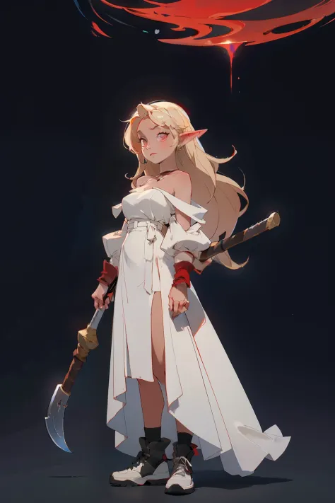 elf, blonde woman, wearing a white dress, black strap, double axe, magical aura, red-eyes, medieval street, silhouettes of peopl...