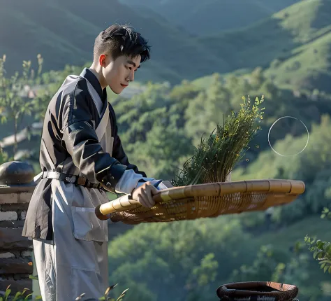 A man in modern Chinese clothing，Young men，full bodyesbian，Hold the bamboo basket with your hands，Turn the tea leaves，full bodyesbian，Lateral face，Bend slightly，zona rural，Behind him is a bamboo basket，It was filled with tea leaves, A beautiful artwork ill...