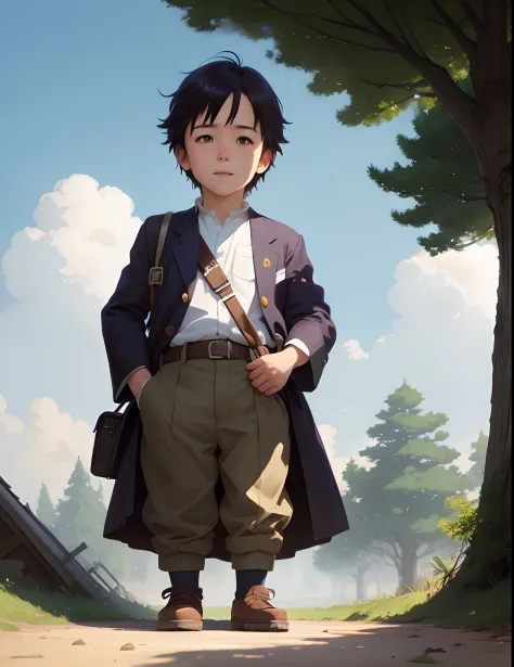 A happy little boy playing with toys under a tree, simple art inspired by studio ghibli's visual style, Baroque oil painting anime key visual full body portrait character concept art,  brutalist grimdark fantasy, kuudere noble dictator, trending pixiv fanb...