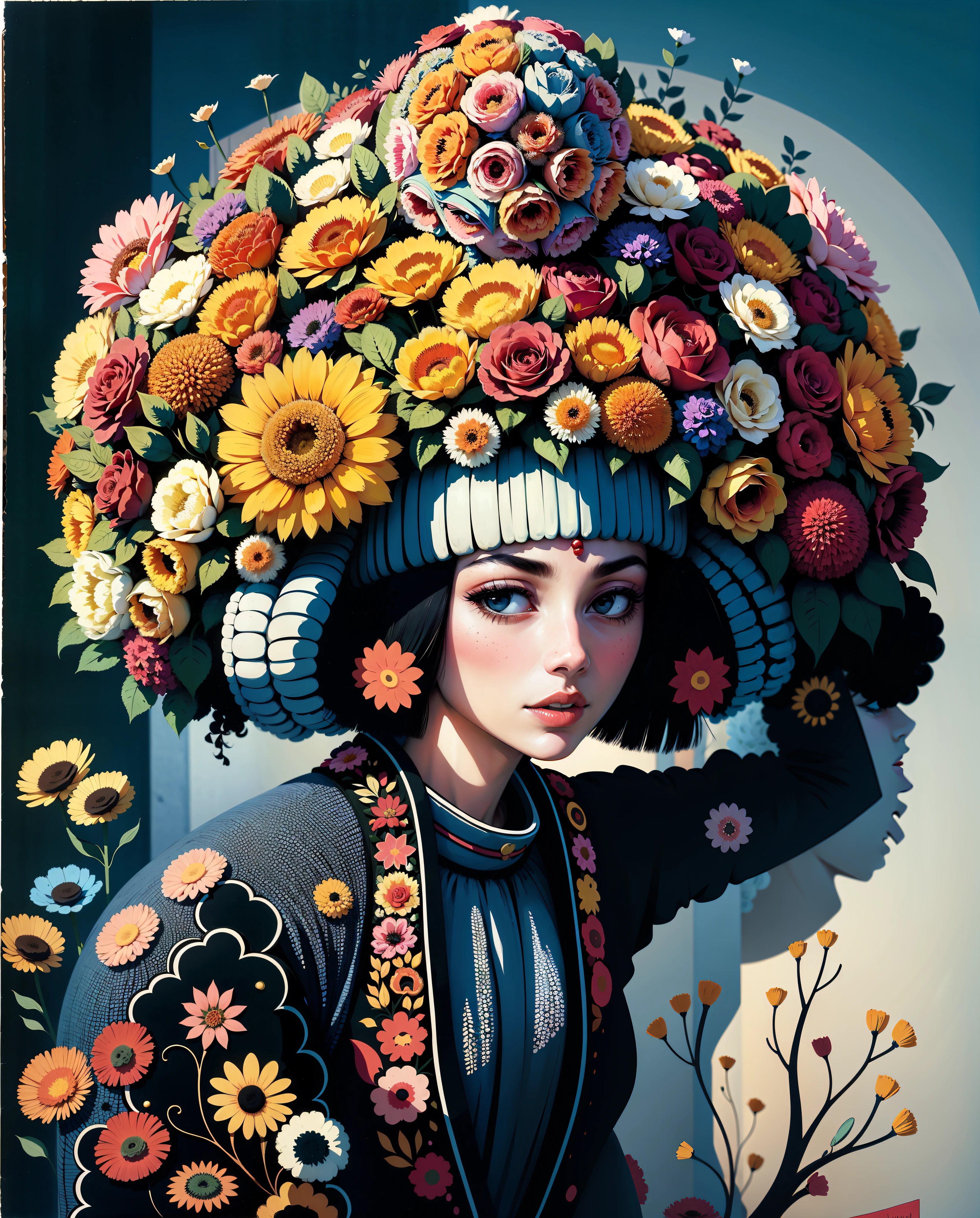 arafed woman with a large bouquet of flowers on her head, covered with flowers, inspired by Modest Urgell, 1960s orientalism, turban of flowers, carrying flowers, woman in flowers, by Bert Stern, flower head, covered in flowers, clothes made out of flower, art deco flower shaman, flower queen, floral headdress