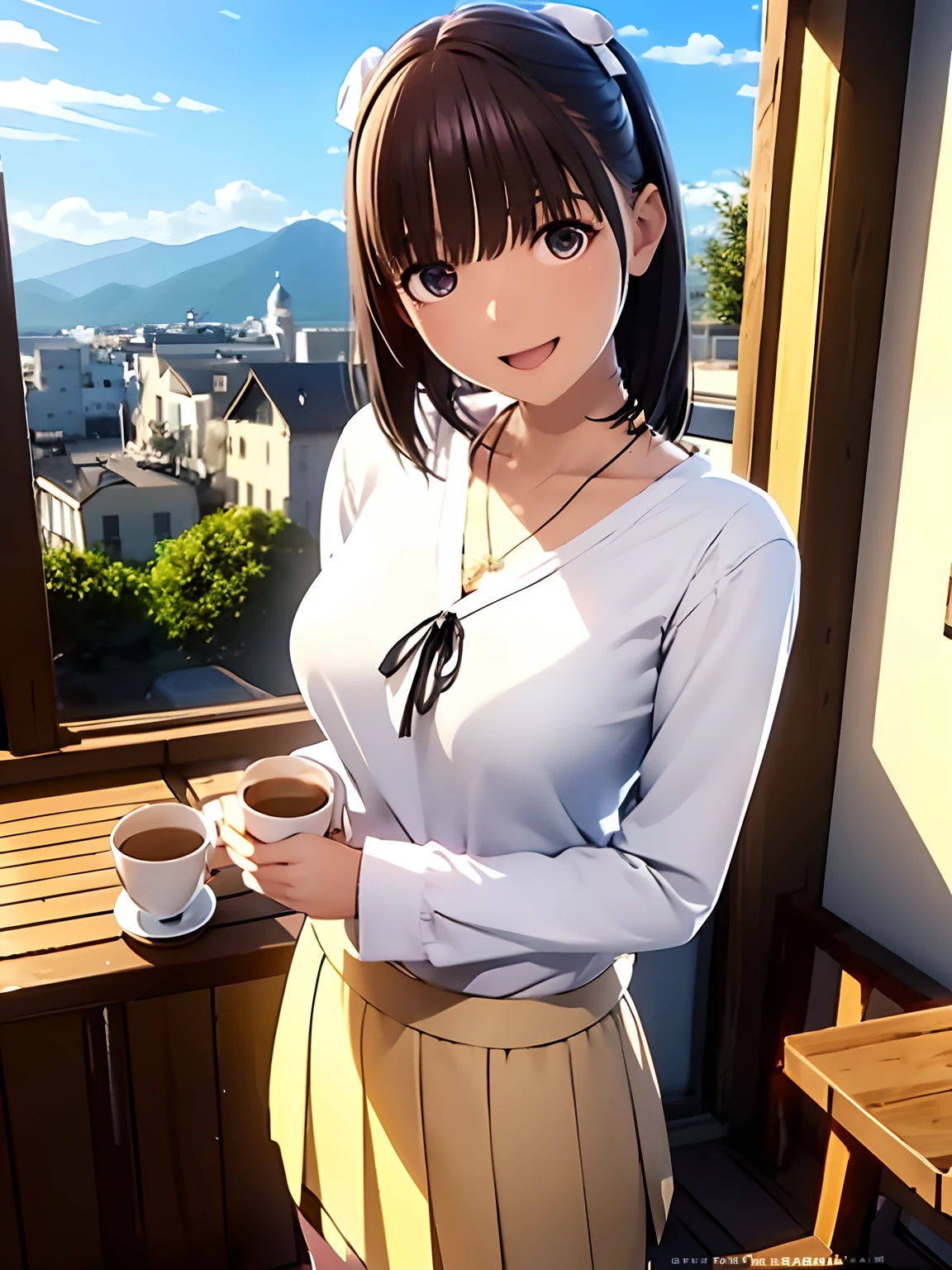 hight resolution,8K,Best Quality,detaileds,semi - realistic anime,Anime 3D Style,Smooth Anime CG,1 girl in,20 year old woman in Japan,slim,modeled,shiny chestnut hair,Medium Hair,Detailed face,Beautiful and detailed eyes,Glowing skin,((Beige blouse)),((Black flared skirt)),,a necklace,Lively café,Drink coffee on the terrace,Smile with open mouth