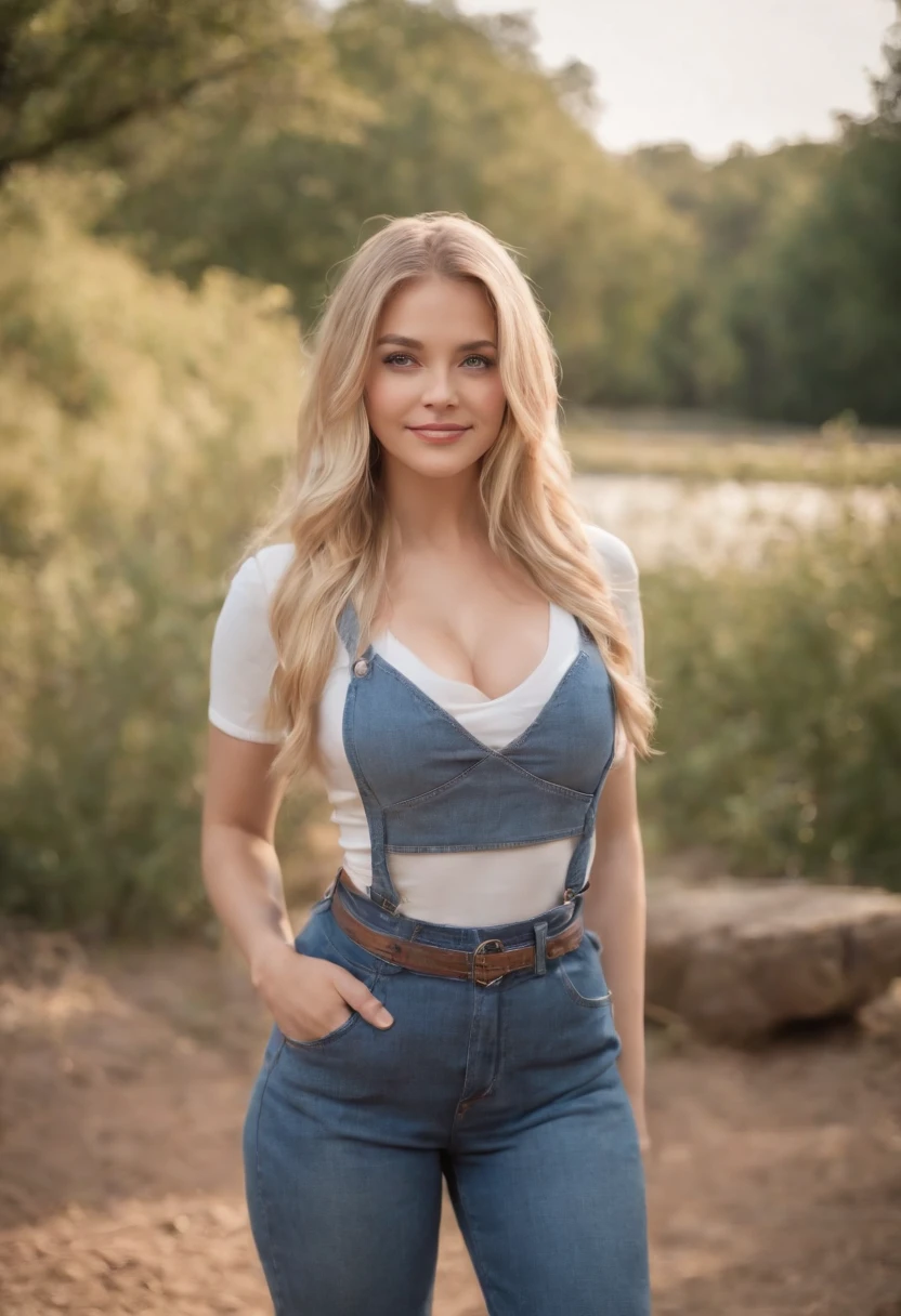 American landscape、denim pant、23yr old、femele、college aged、Yankee、baseball、drooing eyes, long blonde hair, smiling face with good cleavage, thick body curve