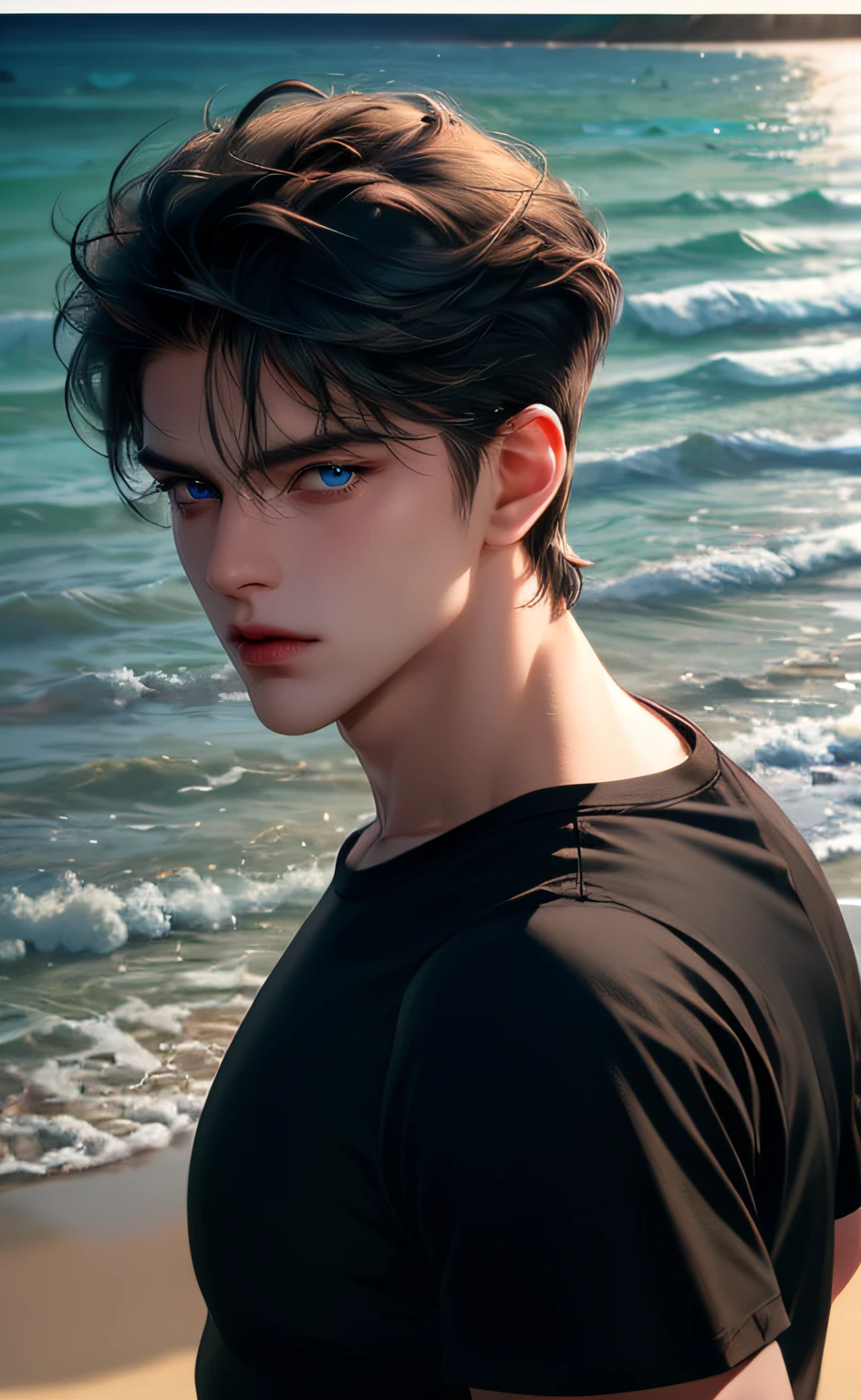 (masterpiece,best quality,ultra_detailed,highres,absurdres) (detailed shadow) (quality light),1 ((mature)) male, 30-ish, ((wide shoulder)), male focus, solo, short black Quiff hair with Soft Fringe (bangs part on side 3:7 ratio), blue eyes (detailed eyes), full body, short hair, looking at viewer, parted lips, round eyewear, black T-shirt, at the beach, (detailed background).