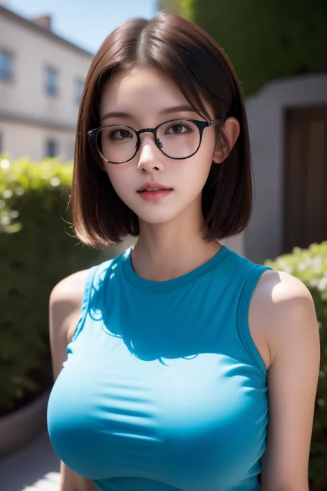 hight resolution, high lighting, in 8K, Glasses with thin rims, Long face, (1人の女性), Details of face, Brown-eyed, Topical Garden,...